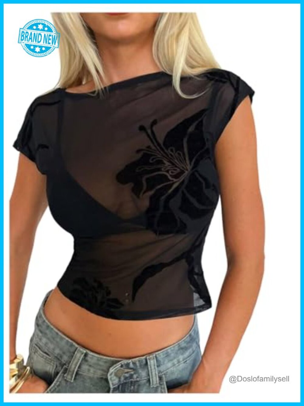 Floral Sheer Mesh Crop Top See Through Boat Neck Slim Fit Women's